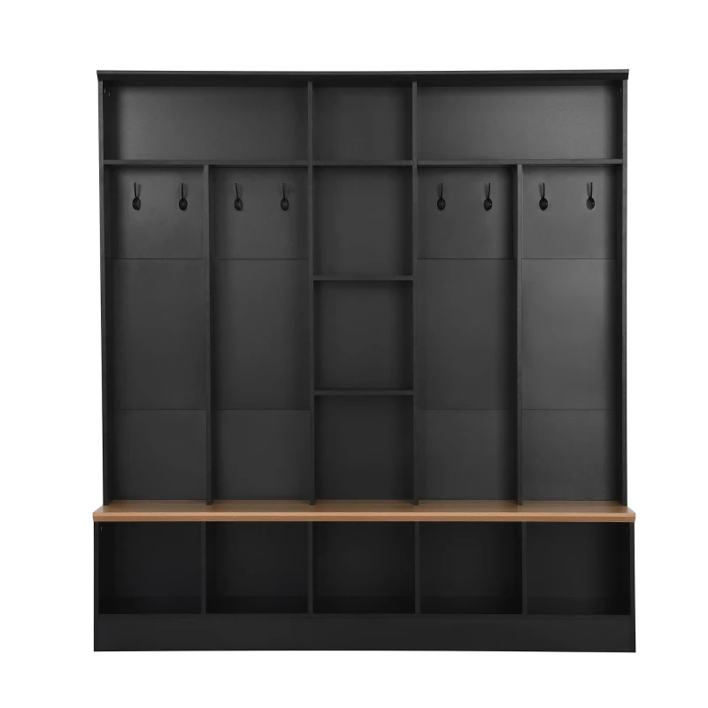Vinsetto Wide Hall Tree with Storage Bench, Cube Storage, Shelves and 8 Hooks, Multifunctional Coat Rack, Shoe Cabinet, 67" L x 15" W x 72" H, Black