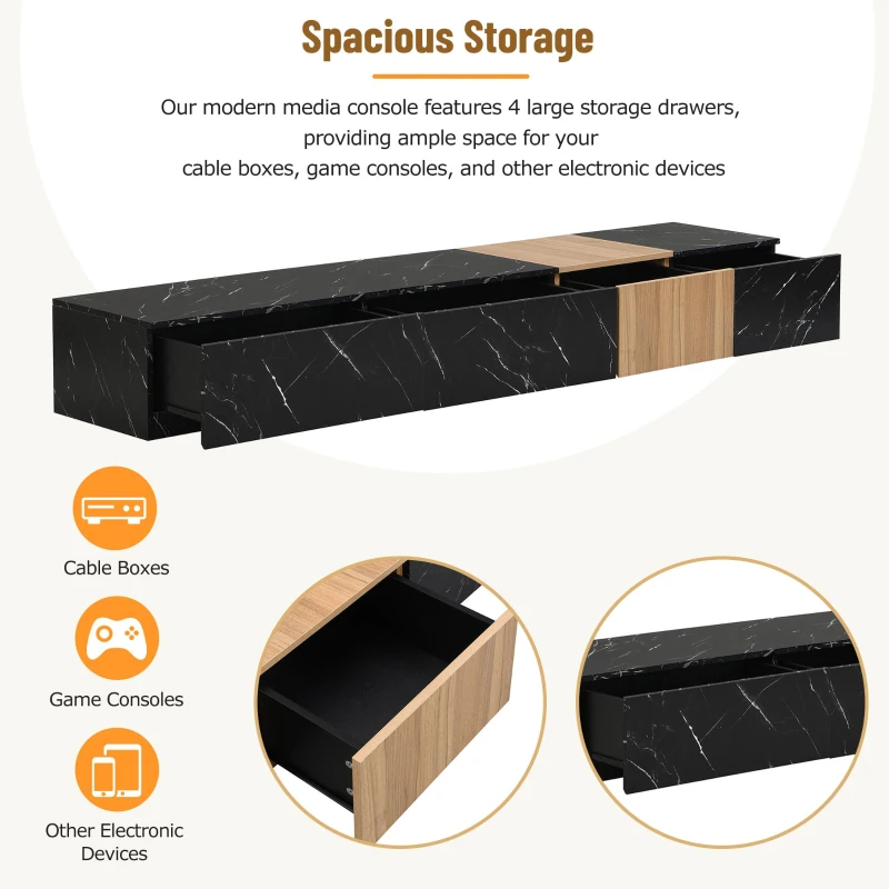 TV Stand with Faux Marble and Walnut Finish, Modular Entertainment Center for TVs up to 88", 4 Storage Drawers, Black