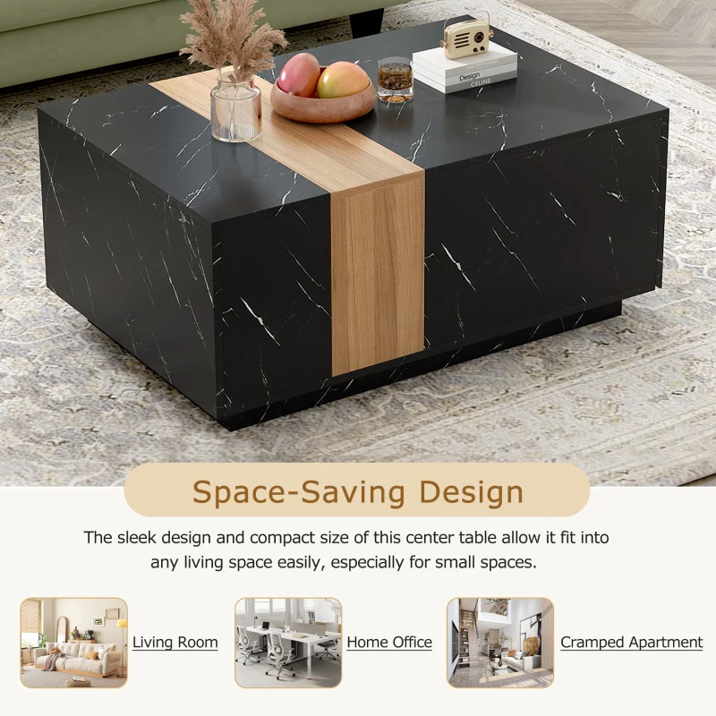 Vinsetto Modern Coffee Table with Faux Marble and Walnut Finish, Rectangular Center Table with 2 Storage Drawers for Living Room, Black