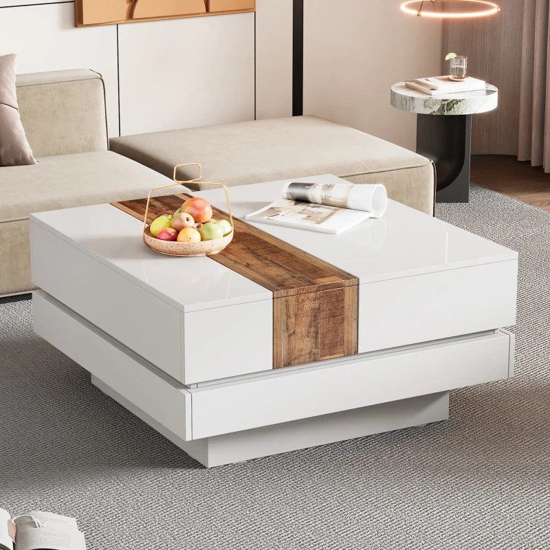 Vinsetto 31.5'' Square Coffee Table with Sliding Tabletop, High Gloss Finish, Hidden Storage Compartment, Extendable to 45.5'', White