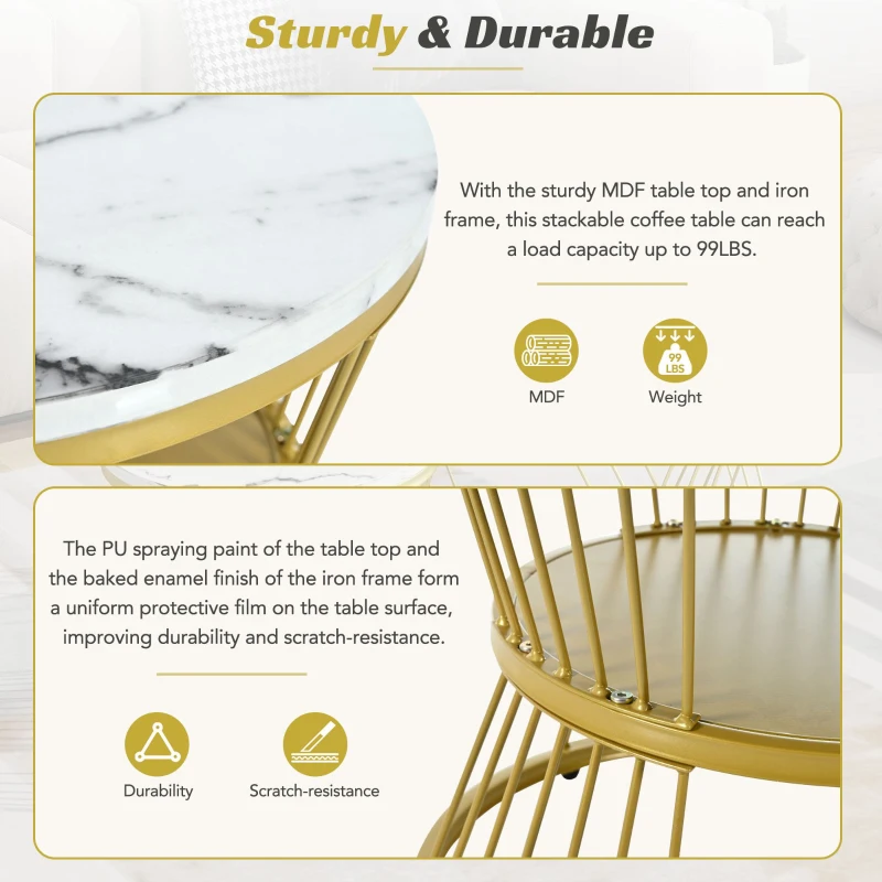 Nesting Coffee Table Set of 2 with Marble Grain Top and Golden Iron Frame, Space-Saving Design, Easy Assembly, White+Gold