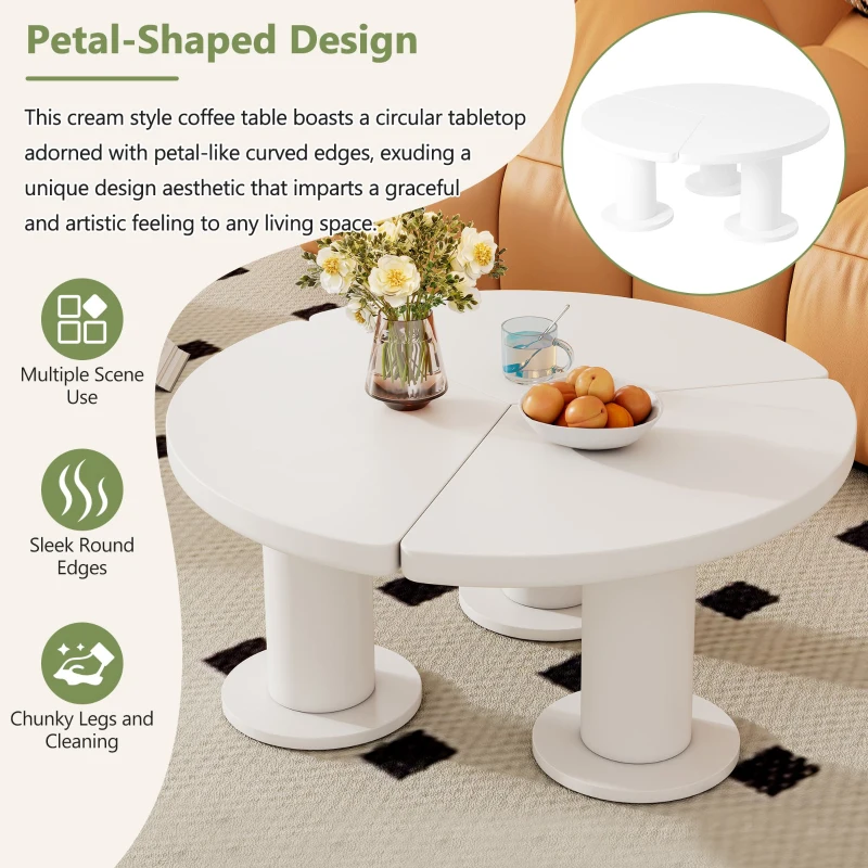 Round Petal-Shaped Coffee Table with Thick Legs and Sleek Edges, Minimalist Design, 39.5" Diameter, Easy Assembly, White