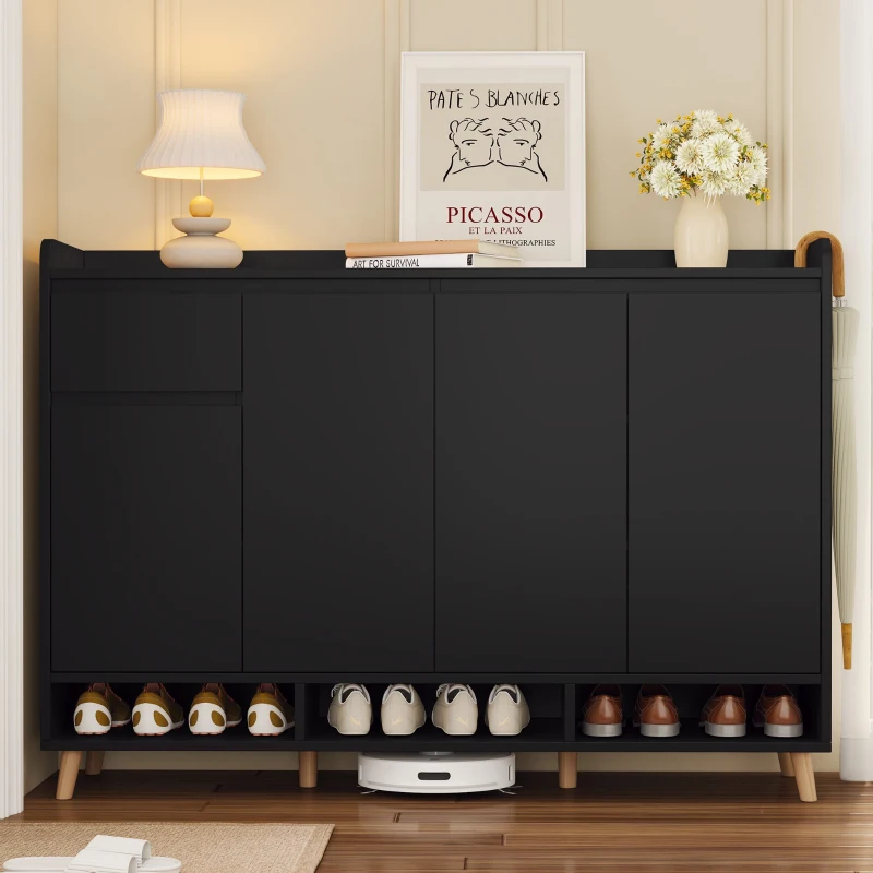 Sleek and Contemporary Shoe Cabinet with Adjustable Shelves, Solid Wood Legs, and Ample Storage, 55.5" L x 14" W x 39.5" H, Black