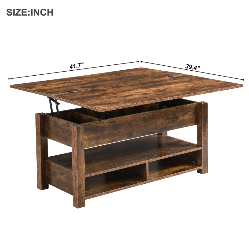 Lift Top Coffee Table with Multi-Functional Open Shelves, Modern Lift Tabletop Dining Table for Living Room, Home Office, Rustic Brown
