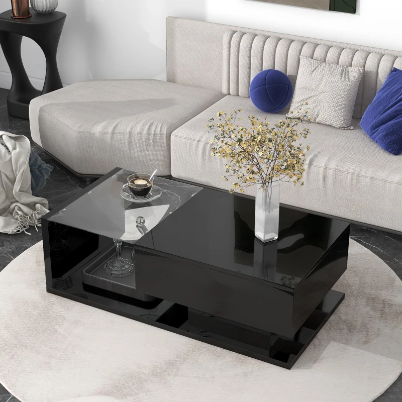 Modern Coffee Table with Tempered Glass, Wooden Cocktail Table with High-Gloss UV Surface, 2-Tier Rectangle Center Table for Living Room, Black