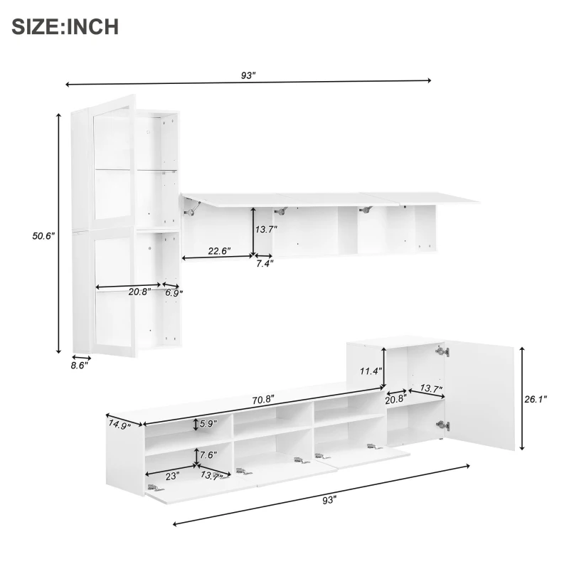 Vinsetto High Gloss TV Stand for TVs Up to 78" with Ample Storage, Media Console, Wall Mounted Floating Cabinets, 93" L x 15" W x 26" H, White