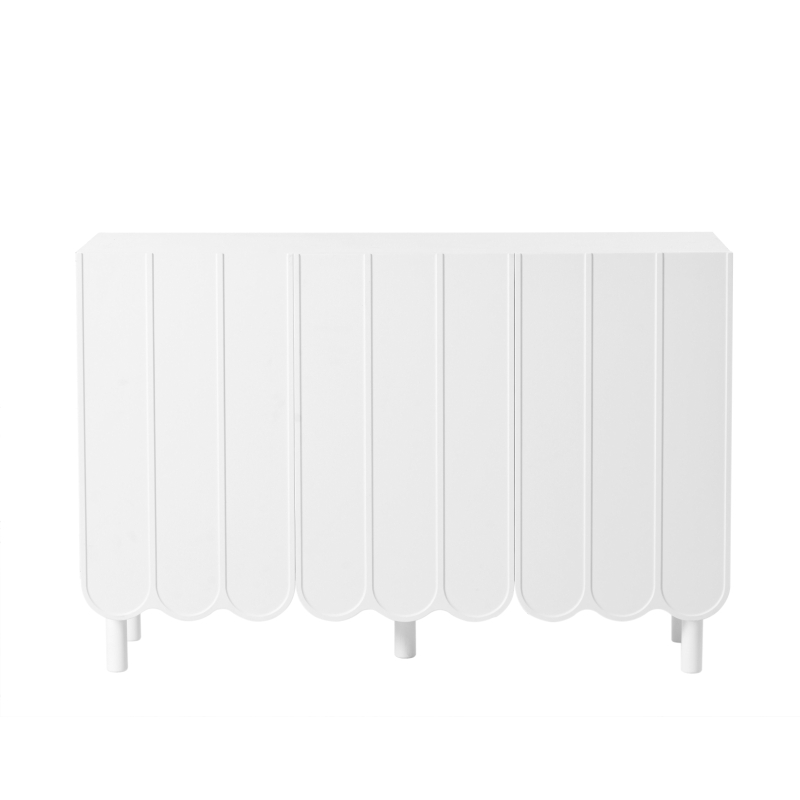 Minimalist Storage Shoe Cabinet with Adjustable Shelves, Solid Wood Legs, and Wave Doors, 47" L x 13.5" W x 31.5" H, White