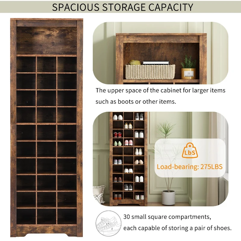 Contemporary Shoe Cabinet with 30 Cubbies, Free Standing Tall Storage Cabinet for Hallway or Bedroom, 24.5" L x 13" W x 74" H, Rustic Brown