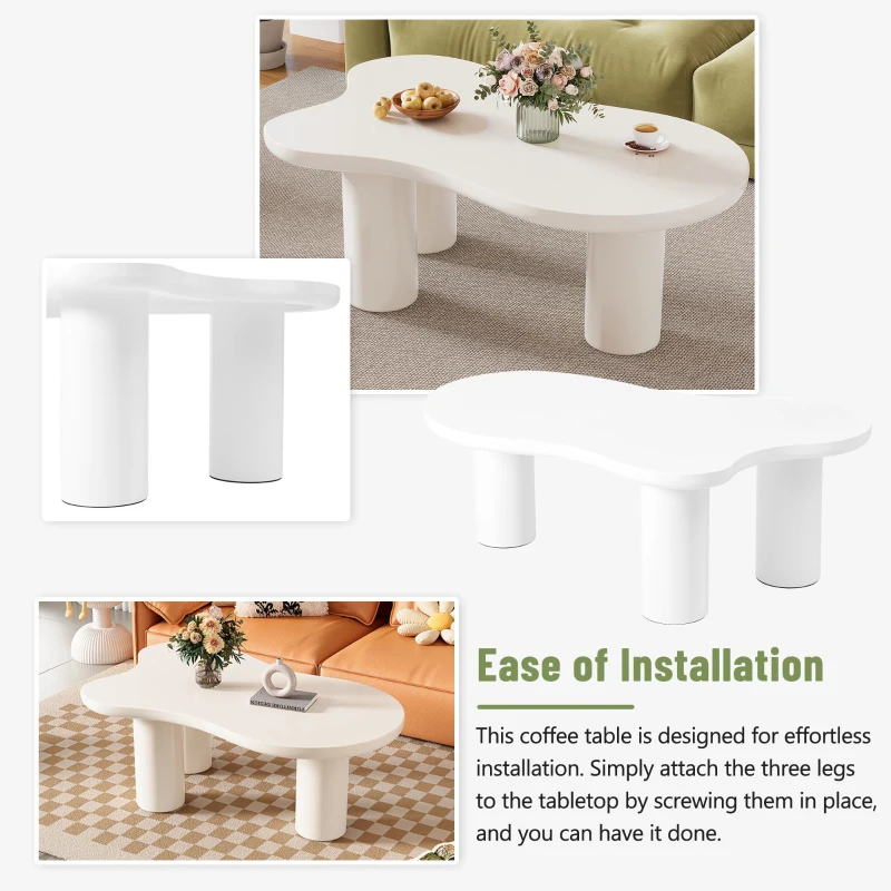 Cloud Coffee Table with 1.5" Thick Tabletop, 3 Sturdy Legs, Irregular End Table for Living Room, Easy Assembly, 44" L x 26" W x 15.5" H, White