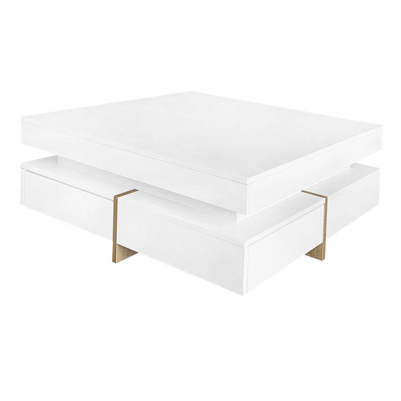 Modern High Gloss Coffee Table with 4 Drawers, Multi-Storage Square Cocktail Tea Table with Wood Grain Legs, 31.5''x31.5'', White