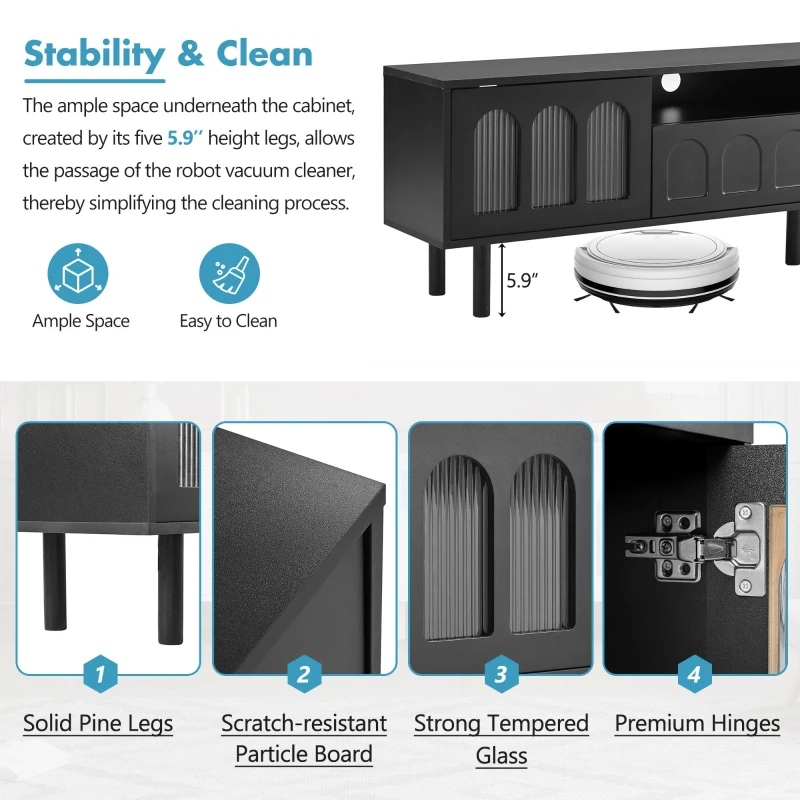 Vinsetto TV Stand with LED Light Strip for TVs Up to 80", Entertainment Center with Glass Doors, Cable Management, 71" L x 12" W x 19" H, Black