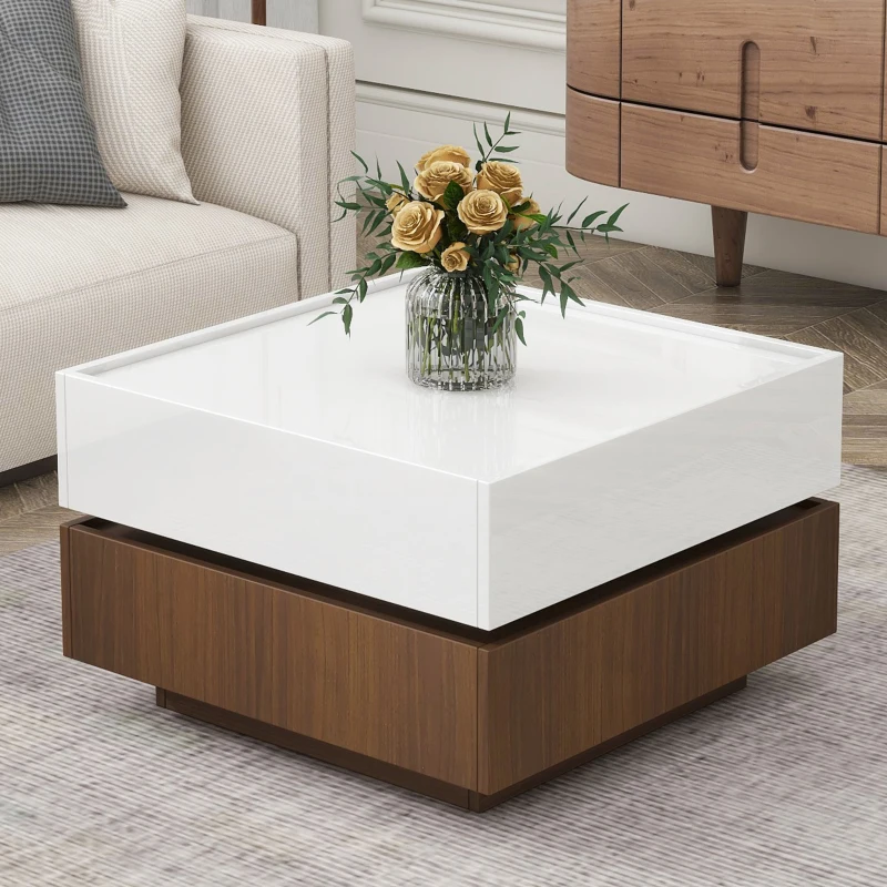 Vinsetto Square 360° Rotating Coffee Table with 2 Drawers, High Gloss 2-Tier Center Table with Swivel Tabletop and Storage, White+Walnut