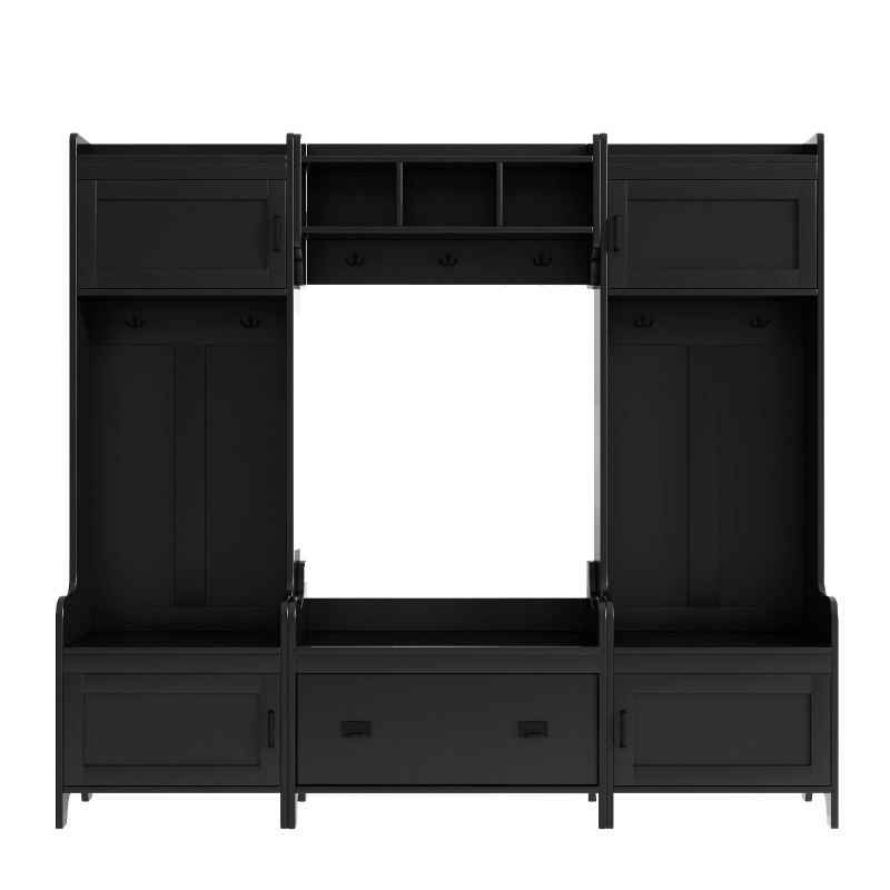Vinsetto Modern 4-in-1 Hall Tree with Coat Rack, Storage Bench, Entryway Shelf, 7 Metal Hooks, and 4 Cabinets, 78.5" L x 15" W x 72" H, Black