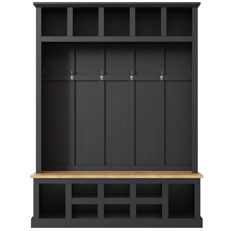 Vinsetto Wooden Entryway Hall Tree with Storage Bench, 6 Hooks, Shoe Cabinet with 13 Compartments, Elegant Coat Rack, 59" L x 18" W x 79" H, Black