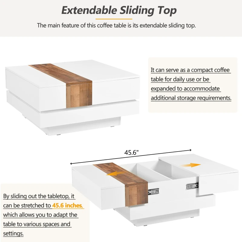 Vinsetto 31.5'' Square Coffee Table with Sliding Tabletop, High Gloss Finish, Hidden Storage Compartment, Extendable to 45.5'', White