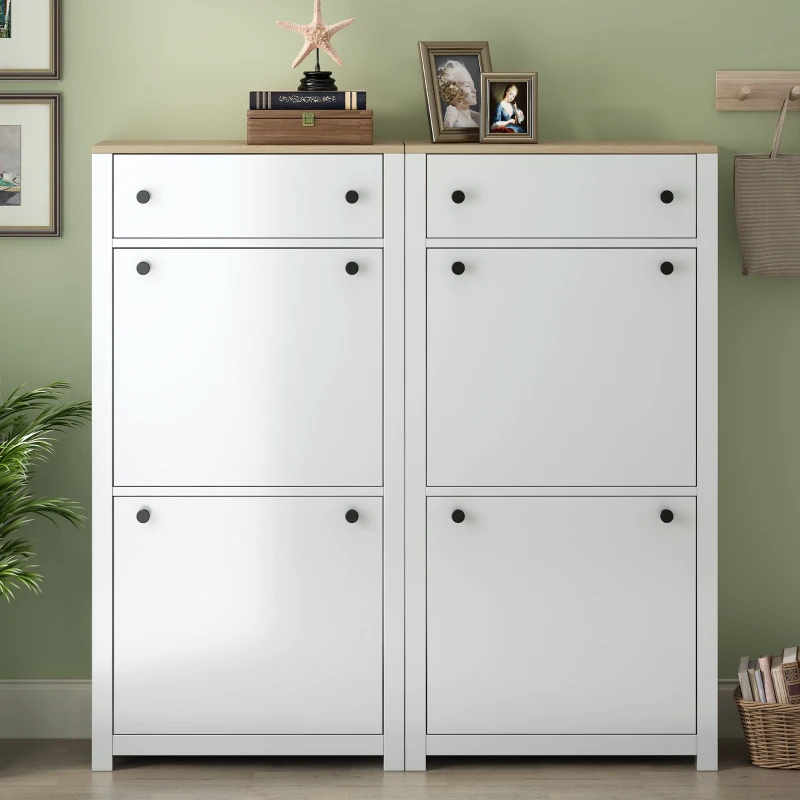 Modern Slim Shoe Cabinet Set with 4 Flip Drawers, Wood Grain Pattern Top, Adjustable Panels, Shoe Rack for Hallway, White