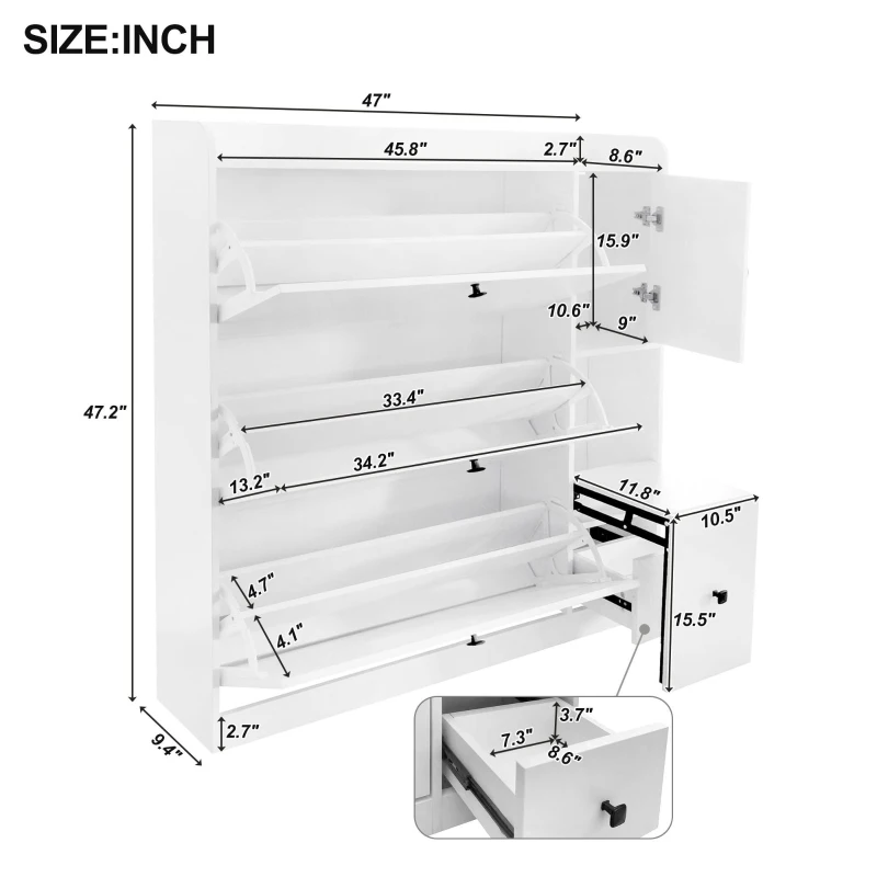 Vinsetto Versatile Shoe Cabinet with 3 Flip Drawers, Pull-Down Seat, and Adjustable Shelves, 47" L x 9.5" W x 47.5" H, White