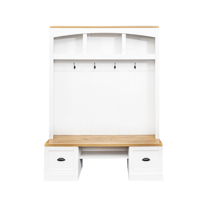 Farmhouse 4-in-1 Hall Tree with Bench and Adjustable Shelves, Multifunctional Storage Coat Rack with Hooks, 55" L x 16.5" W x 73.5" H, White