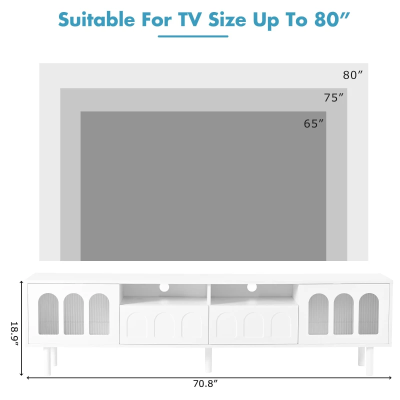 Vinsetto TV Stand with LED Light Strip for TVs Up to 80", Entertainment Center with Glass Doors, Cable Management, 71" L x 12" W x 19" H, White