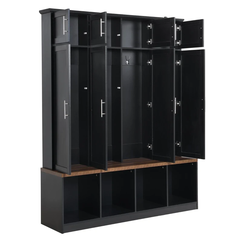 Vinsetto Multi-Functional Hall Tree with 4 Hidden Hanging Hooks, Brown Wood Grain Bench, Multiple Storage Spaces, 59" L x 15.5" W x 75" H, Black