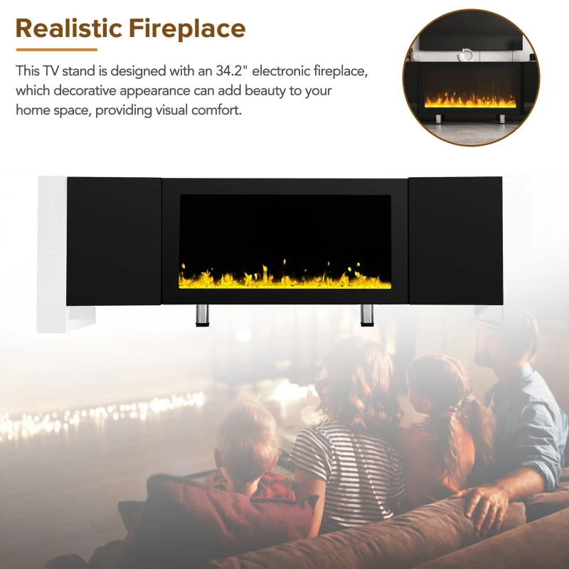 Modern TV Stand for TVs up to 78" with Electric Fireplace, Media Console with Cabinets, Entertainment Center, 68" L x 13.5" W x 21.5" H, Black