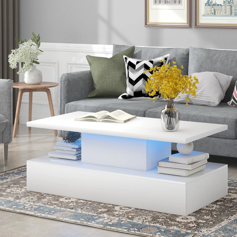 Vinsetto Modern Industrial Design Coffee Table with LED Lighting, 16 Colors with Remote Control, Easy Assembly, 47" L x 23.5" W x 18" H, White