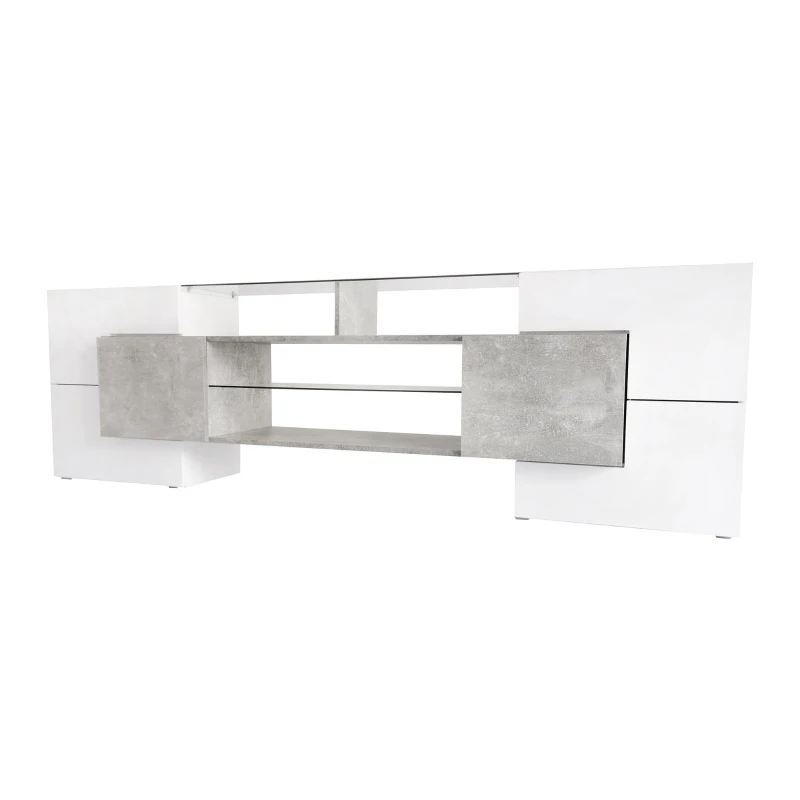 Unique Shape TV Stand for TVs Up to 88" with 2 Illuminated Glass Shelves, High Gloss Entertainment Center, LED Color Changing Lights, Gray