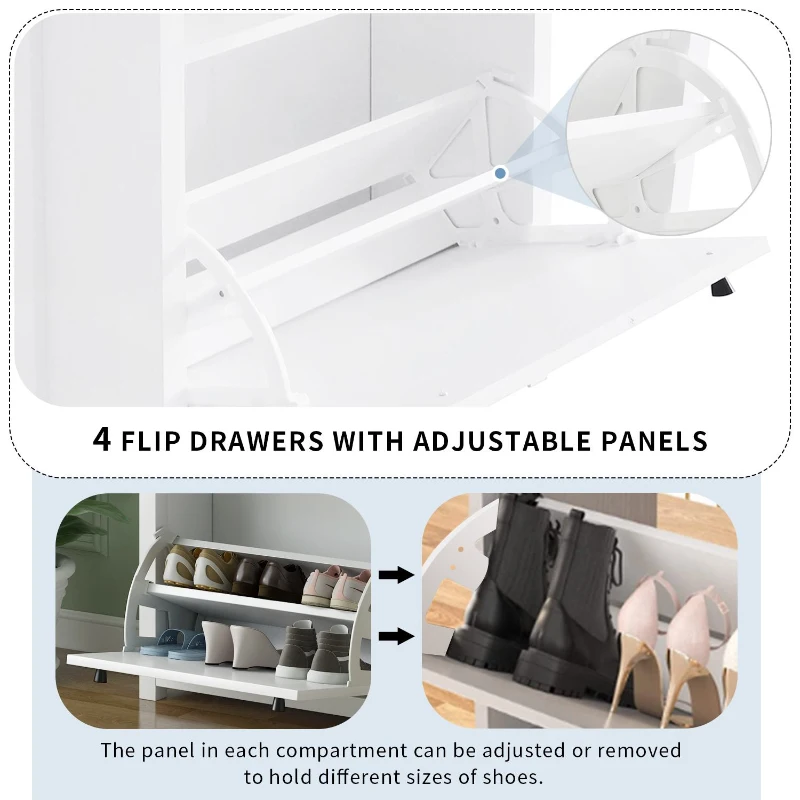 Modern Slim Shoe Cabinet Set with 4 Flip Drawers, Wood Grain Pattern Top, Adjustable Panels, Shoe Rack for Hallway, White