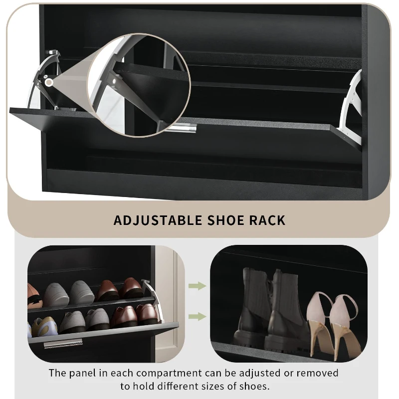Shoe Cabinet with 2 Flip Drawers and Adjustable Shoe Storage, Tempered Glass Top, LED Light, 35" L x 9.5" W x 41" H, Black