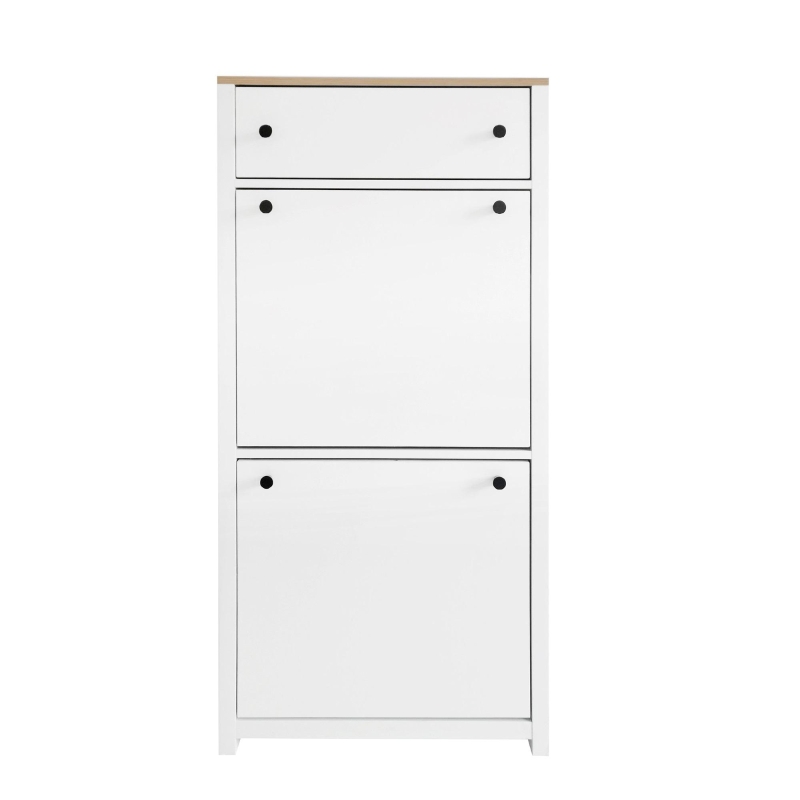 Modern Slim Shoe Cabinet Set with 4 Flip Drawers, Wood Grain Pattern Top, Adjustable Panels, Shoe Rack for Hallway, White