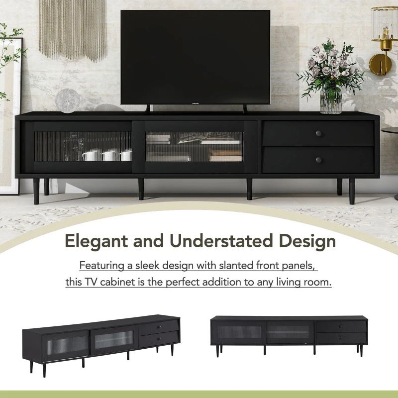 Vinsetto Chic Elegant Design TV Stand with Sliding Fluted Glass Doors, Media Console for TVs Up to 75", Modern TV Cabinet with Ample Storage Space, Black