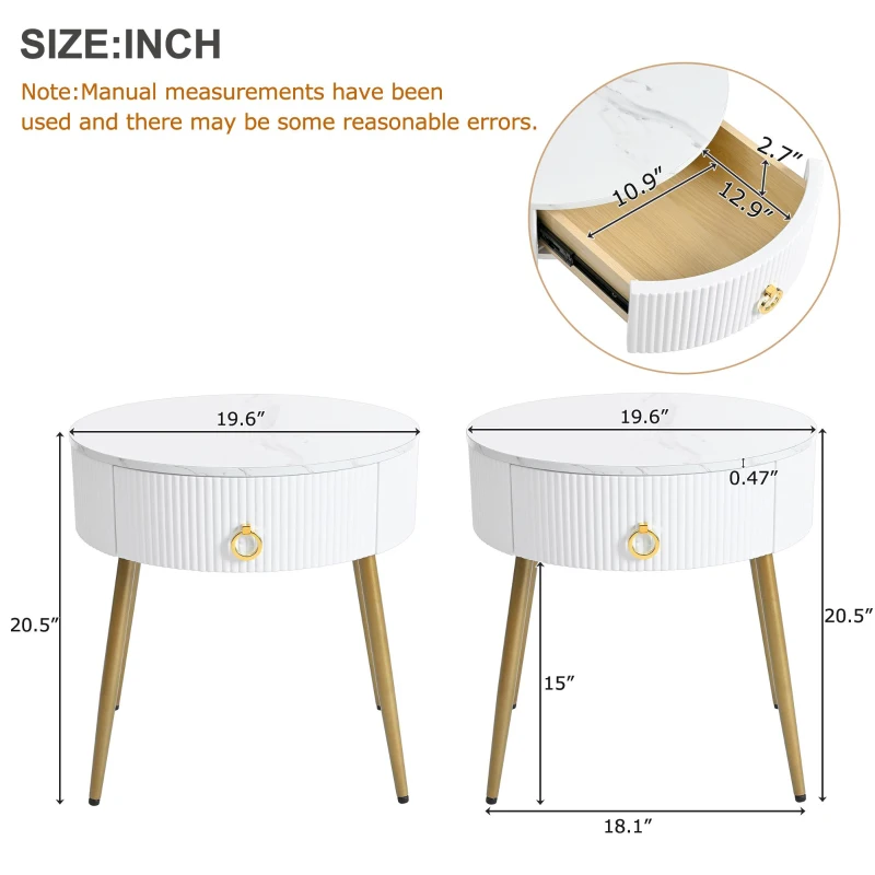Vinsetto Set of 2 Modern End Tables with Storage, Faux Marble Tabletops, Fluted Panels, and Golden Legs, 19.5" L x 19.5" W x 20.5" H, White+Gold