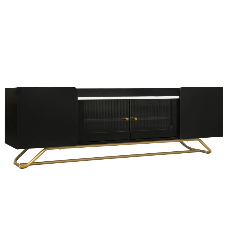 Vinsetto Sleek Design TV Stand with Fluted Glass, Faux Marble Top, and Gold Frame Base, Fits TVs Up to 70", 63.5" L x 12.5" W x 19" H, Black