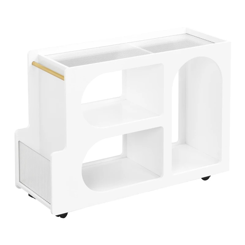 Mobile End Table with Lockable Wheels, Fluted Tempered Glass, Golden Round Rod, Side Table for Living room, 31.5" L x 12" W x 23" H, White