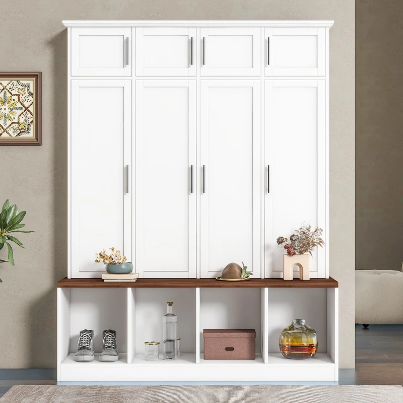 Vinsetto Multi-Functional Hall Tree with 4 Hidden Hanging Hooks, Brown Wood Grain Bench, Multiple Storage Spaces, 59" L x 15.5" W x 75" H, White