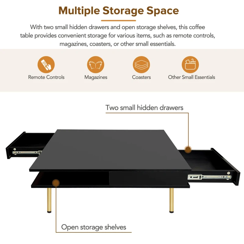 Exquisite High Gloss Coffee Table with 4 Golden Legs, 2 Small Drawers, and 2-Tier Square Center Table for Living Room, Black