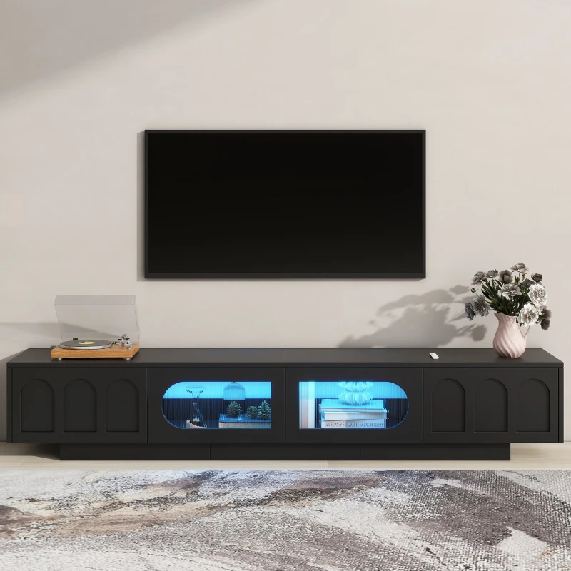Vinsetto TV Stand with Fluted Tempered Glass Doors for TVs Up to 95", Media Console with APP-Controlled LED Light, 87" L x 16" W x 16" H, Black