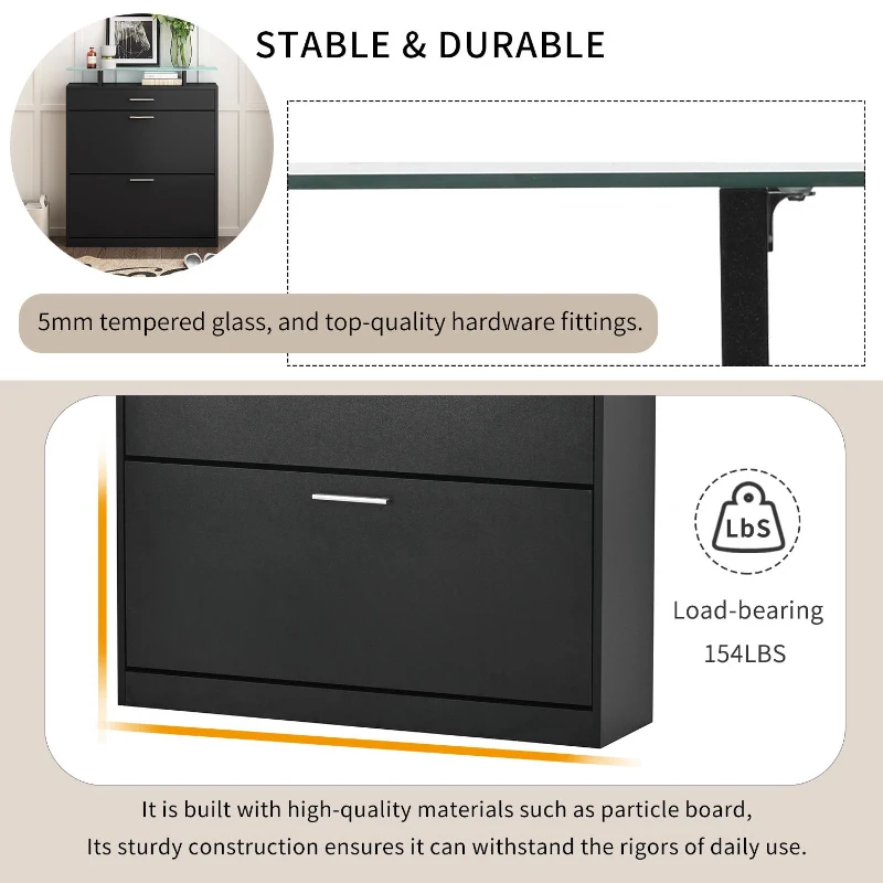 Shoe Cabinet with 2 Flip Drawers and Adjustable Shoe Storage, Tempered Glass Top, LED Light, 35" L x 9.5" W x 41" H, Black