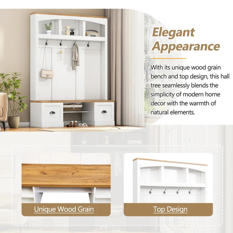 Farmhouse 4-in-1 Hall Tree with Bench and Adjustable Shelves, Multifunctional Storage Coat Rack with Hooks, 55" L x 16.5" W x 73.5" H, White