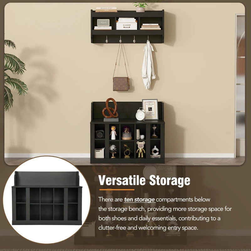 Shoe Cabinet Storage with Shelves and 4 Hooks, Elegant Hall Tree with Wall Mounted Coat Rack, Entryway Organizer for Hallway, Mudroom, Black