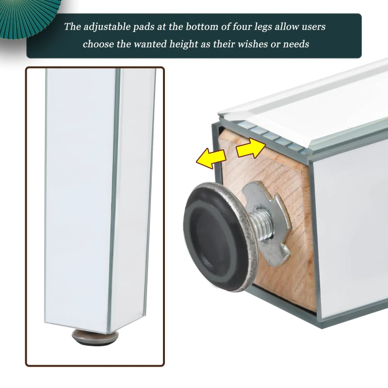 Modern Glass Mirrored Side Table with Crystal Design and Adjustable Height Legs, Easy Assembly End Table, 15" L x 15" W x 22.5" H, Silver