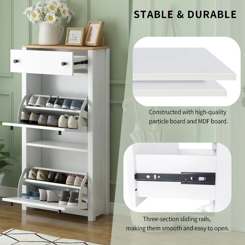 Functional Shoe Cabinet with 2 Flip Drawers, Adjustable Shoe Rack, Wood Grain Top, and Extra Storage, 24" L x 9.5" W x 47.5" H, White