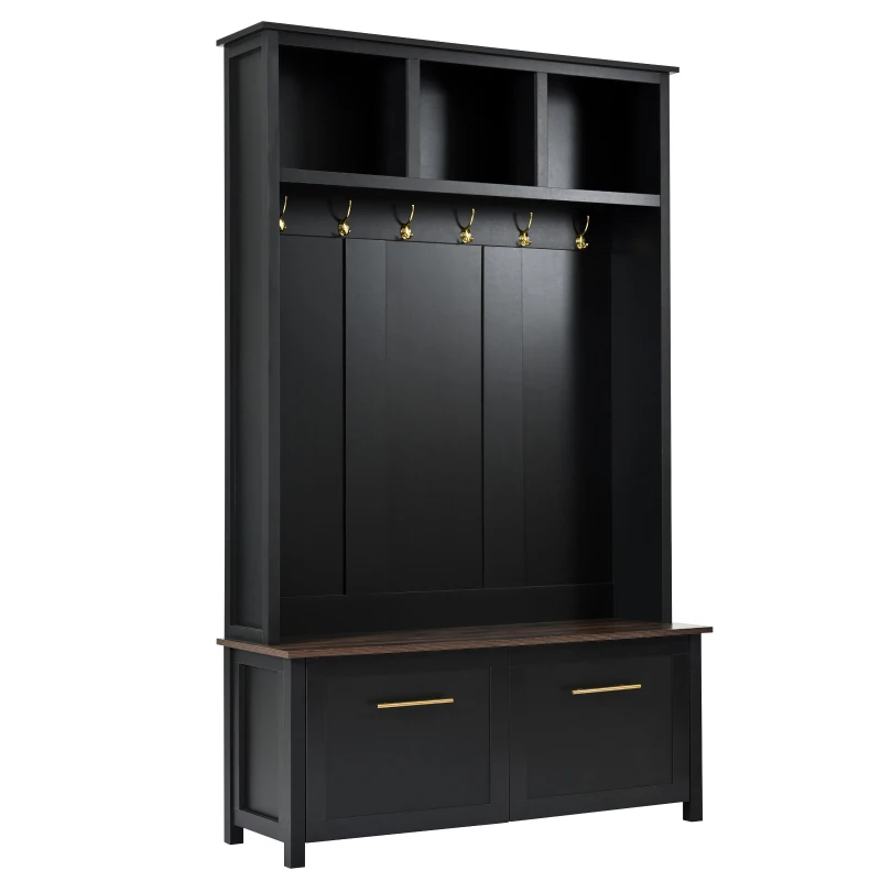 Vinsetto Versatile 4-in-1 Hall Tree with 6 Golden Hooks, Brown Wood Grain Bench, Multiple Storage Spaces, and 2 Drawers, 47" L x 15.5" W x 76.5" H, Black