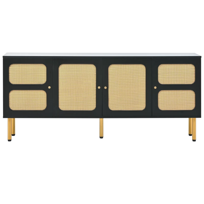 Vinsetto Boho Style TV Stand for TVs Up to 70" with Rattan Door, Media Console Table, Metal Base, Country Style Sideboard, 65" L x 17" W x 28" H, Black