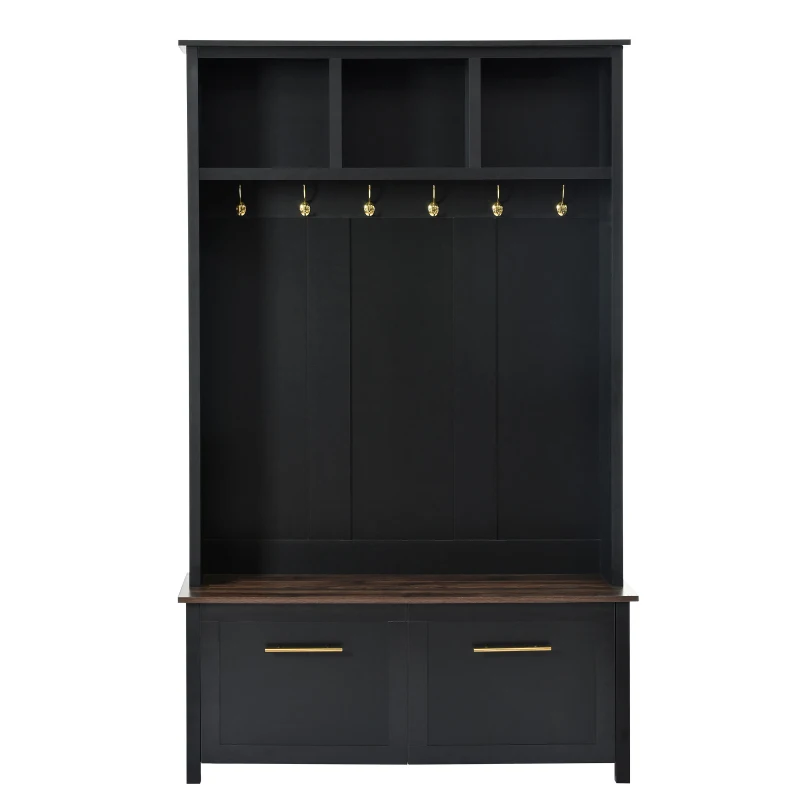 Vinsetto Versatile 4-in-1 Hall Tree with 6 Golden Hooks, Brown Wood Grain Bench, Multiple Storage Spaces, and 2 Drawers, 47" L x 15.5" W x 76.5" H, Black