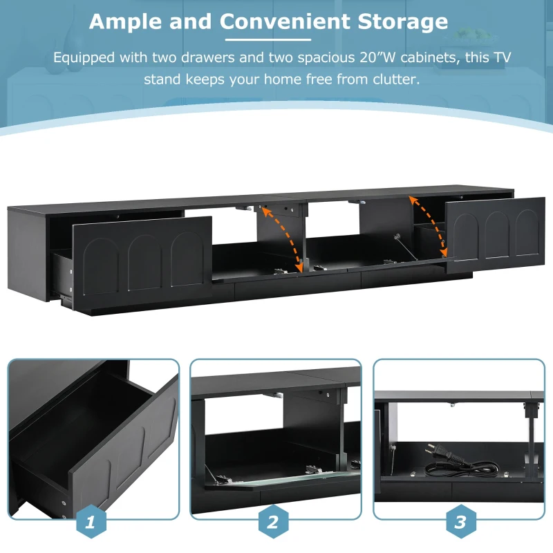 Vinsetto TV Stand with Fluted Tempered Glass Doors for TVs Up to 95", Media Console with APP-Controlled LED Light, 87" L x 16" W x 16" H, Black