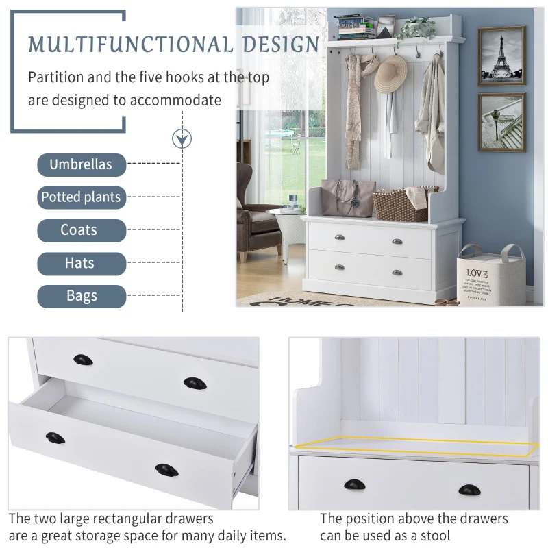 Vinsetto Vintage Style Hallway Coat Rack with 5 Metal Hooks and 2 Large Drawers, MDF Veneer, 38.5" Wide, White