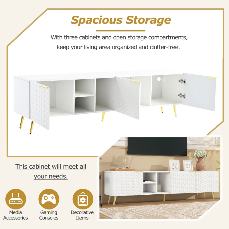 Vinsetto Modern Minimalist Geometric TV Stand with Metal Handles and Gold Legs, Fits TVs Up to 80", Multi-functional TV Stand with Storage Cabinets, White+Gold