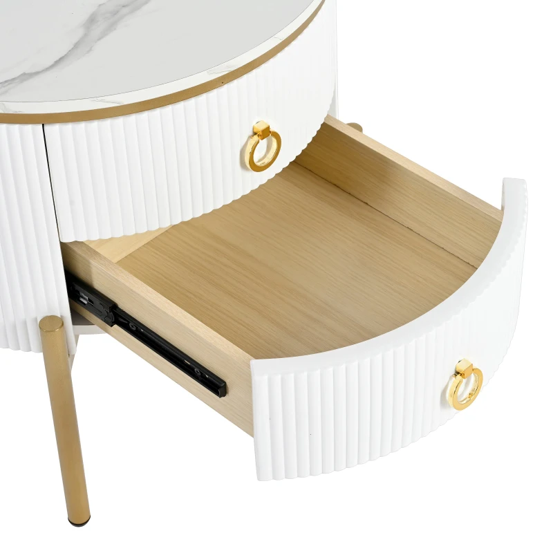 Vinsetto Round End Table with Storage Drawers, Modern Coffee Table with Faux Marble Top, Metal Legs and Handles, White+Gold