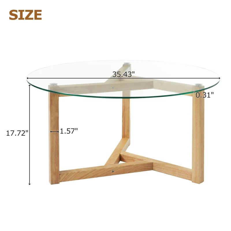 Round Coffee Table with Tempered Glass Top and Sturdy Wood Base, Modern Cocktail Table, Easy Assembly, 35.5" L x 35.5" W x 17.5" H, Natural